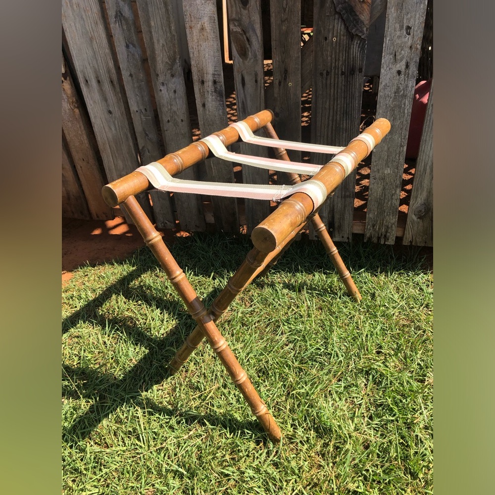 VTG Bamboo Folding Luggage Rack Stand MCM Boho Coastal Striped Top, Beach Tiki